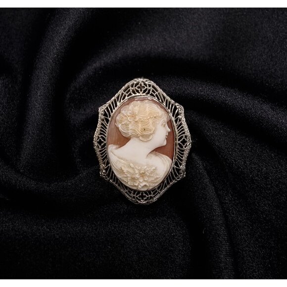 Antique 1900's-1920's 10K White Gold Real Cameo Brooch & Pendant